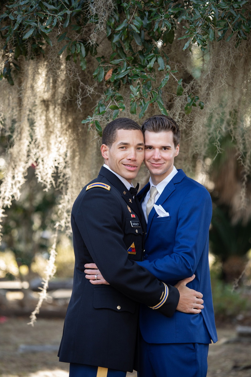Male couple in Bonaventure cemetery for their Savannah Elopement