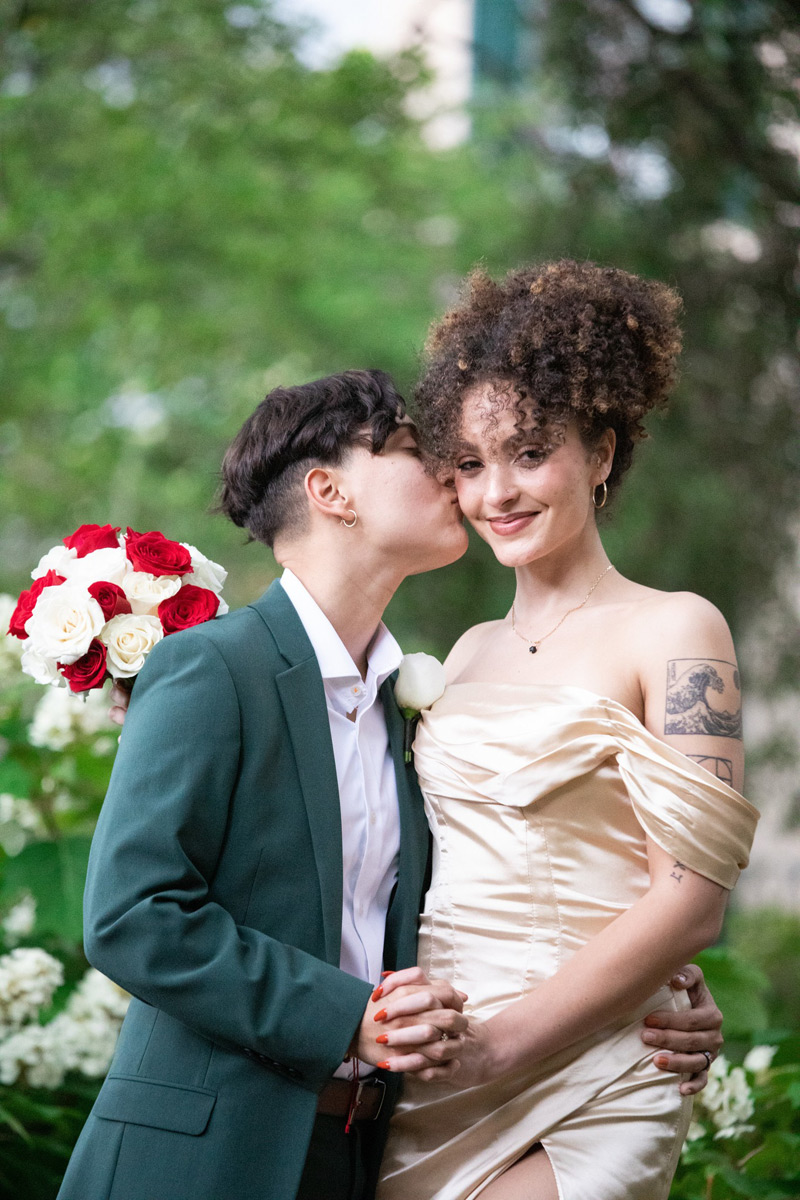 Beautiful couple in Lafayette Square after eloping to Savannah