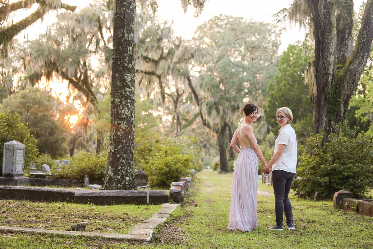 Lesbian couple at sunset in Bonaventure cemetery