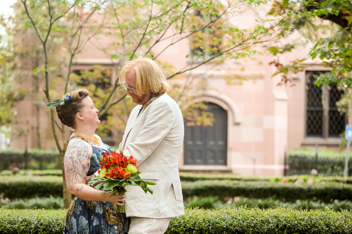 Troup Square is this couple's favorite square. Tattooed brides and grooms are always fun