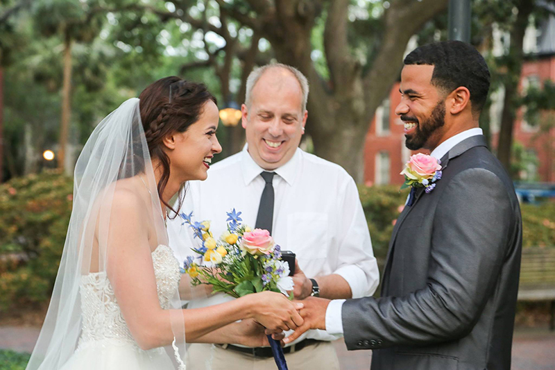 Beautiful couple in Pulaski Square having an intimate Savannah Elopement wedding